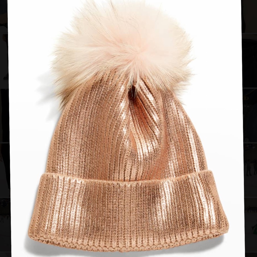 Adrienne Landau Metallic Beanie with Fox Fur Pom